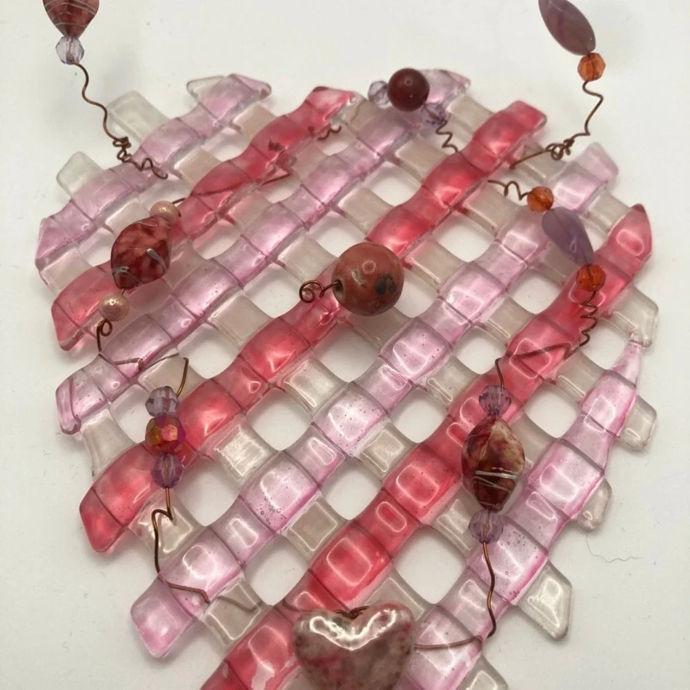 Fused Glass Heart Wall‎ Hanging Red/Pink Beaded with Copper Wire